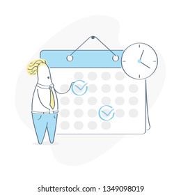 Cartoon character make an online schedule, planning appointments. Business graphics tasks, planning and scheduling operations agenda on a Week in the Calendar. Outline vector on white background.  