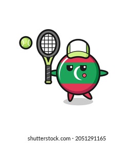 Cartoon character of maldives flag badge as a tennis player , cute design