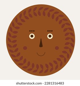 Cartoon character, male bizarre face. Vector sticker, abstract human unusual visage with leaves. Funny mascot, facial expression, cute icon. Isolated on white
