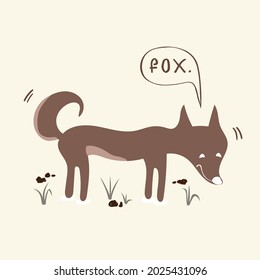 cartoon character ; a male brown fox on yellow pastel background with small rock and grass. icon character concept on vector illustration image.