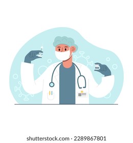 Cartoon character of male doctor preparing to make vaccine. Flu, influenza or coronavirus vaccination. Protection from Covid 19 pandemic. Boosting immune system health. Vector