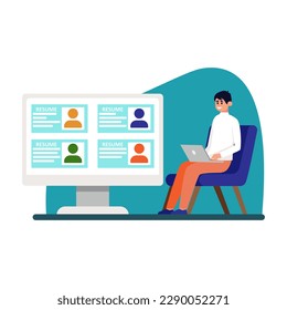 Cartoon character of male HR manager with laptop selecting resumes. HR department hiring candidates for job. Professional headhunting member. Human resource management. Vector