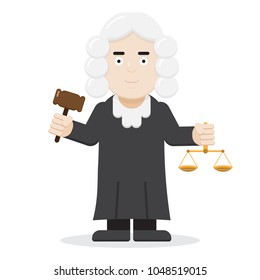 Cartoon character, Male Judge holding hammer in right hand and scale in left hand, Vector illustration