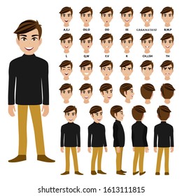 Cartoon character with male in long-sleeved turtleneck t-shirt for animation. Front, side, back, 3-4 view character. Flat vector illustration.