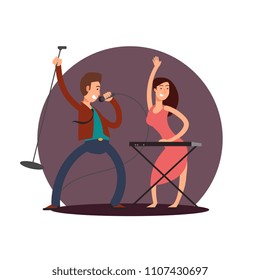 Cartoon character male singer and female pianist vector design icon isolated illustration