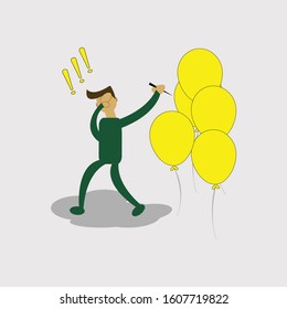 cartoon character, a man is afraid to crack a yellow balloons using a needle