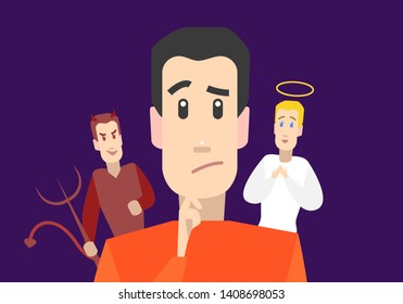 Cartoon Character Man with Angel and Devil on Shoulders on Purple Background Choice or Decision Concept Element Flat Design Style. Vector illustration