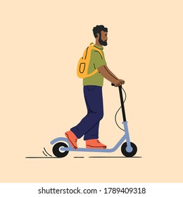 Caricatura. Hombre con mochila monta patinadora eléctrica. Transporte ecológico moderno, "verde". Ilustración vectorial de moda, diseño plano