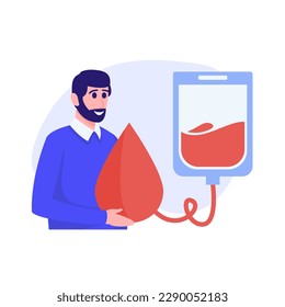 Cartoon character of man with beard donating his blood. Blood or plasma donation in modern clinic. Charity and healthcare. Volunteering organization member. Vector
