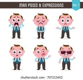 Cartoon character of a man in different poses. Isolated on white background. Body gestures and facial expressions. Set 7 of 8.
