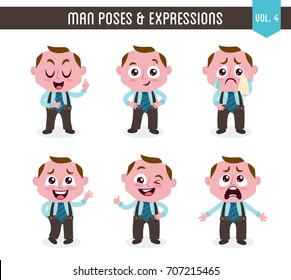 Cartoon character of a man in different poses. Isolated on white background. Body gestures and facial expressions. Set 4 of 8.