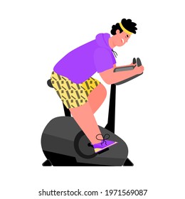 Cartoon character of man doing workout on exercise bike, flat vector illustration isolated on white background. Fitness and training at home and gym concept.