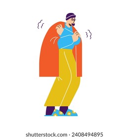 Cartoon character of man experiencing chills, which is symptom of anemia or cold, flat vector illustration isolated on white background. Anemia and sickness symptom.