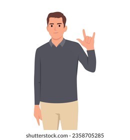 Cartoon character, Man gesturing, doing or making rock and roll symbol or sign with hands up. Flat vector illustration isolated on white background