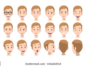 Cartoon Character With Man Head Vector Set. Front, Side, Back View .Flat Vector