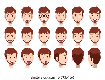 Cartoon character with man head vector set. Front, side, back view .Flat vector