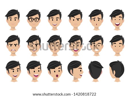 Cartoon character with man head vector set. Front, side, back view .Flat vector