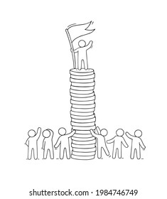 Cartoon character man hold flag and stand on stack of coins. Business doodle icon about money savings. Earnings. Hand drawn vector Illustration about finance