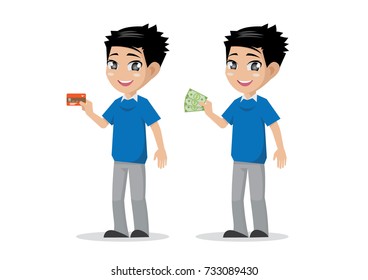 Cartoon character, Man are holding cash and credit cards., vector eps10