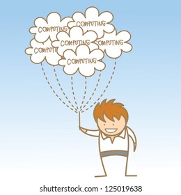 cartoon character of man holding cloud computing