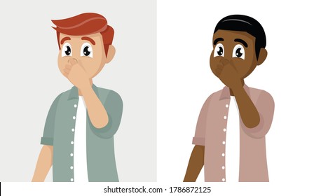  Cartoon character, Man holding fingers on nose. Trendy bearded person covering breath with hand for bad smell.,vector eps10