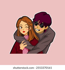 a cartoon character man is hugging his girlfriend from behind