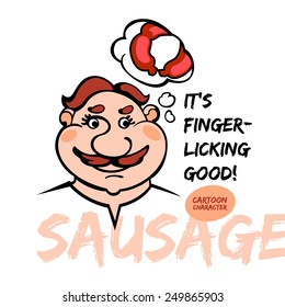 Cartoon character man likes meat&sausage. Vector illustration