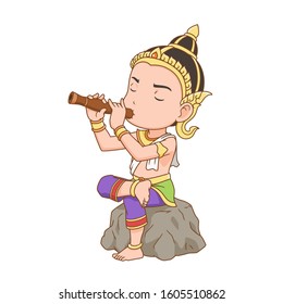 Cartoon character of a man playing Thai oboe, dressing Thai traditional costume.