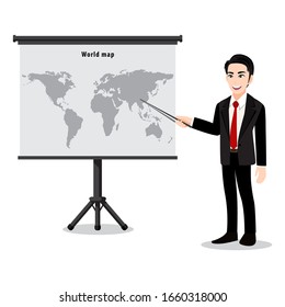 Cartoon character with a man presentation on map. Teacher or lector showing the map with pointer. Flat illustration vector