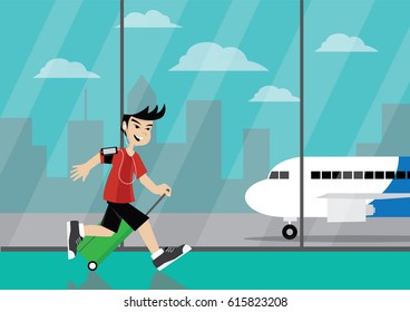 Cartoon character, Man running Traveler with luggage in airport., vector eps10