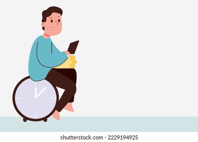 Cartoon character man seat at clock and use computer laptop. Online education concept