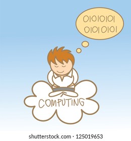 cartoon character of man sit on cloud computing