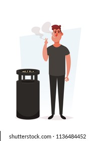 Cartoon Character. Man Smoking Cigarette. Vector Illustration