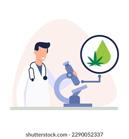 Cartoon character of man testing cannabis in laboratory. Supporting legality of medical cannabis. Marijuana cultivation and legalization business startup. Vector