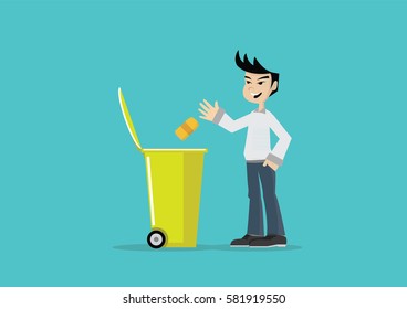 Cartoon character, Man throw garbage in trash bin., Vector eps10.