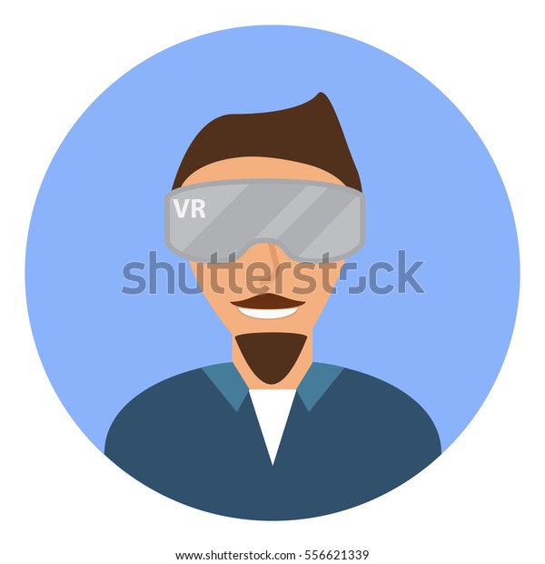  A cartoon\
character man with virtual reality glasses flat icon. Smiling\
cartoon guy with glasses.Infographic design elements and interface\
sites and mobile applications