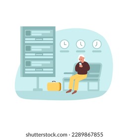 Cartoon character of man waiting for departure at airport. Before boarding plane. Benefits of plane travel. Time for summer holidays. Adventure tourists and travelers. Vector