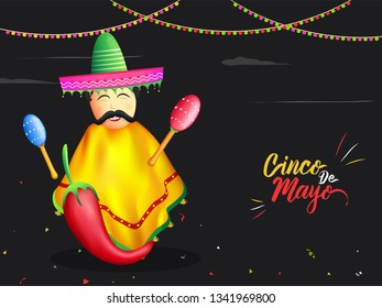 Cartoon character of man wearing sombrero hat with red chilli and maracas for Cinco De Mayo celebration posteror banner design.