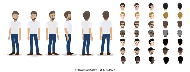 Cartoon Character With A Man In White Casual Shirt For Animation. Front, Side, Back, 3-4 View Character. Set Of Male Head And Flat Vector Illustration.