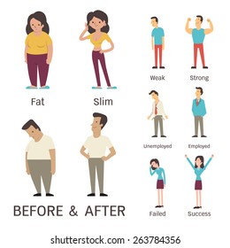 Cartoon character of man and woman in before and after concept. Presenting to fat, slim, weak, strong, unemployed, employed, failed and success.