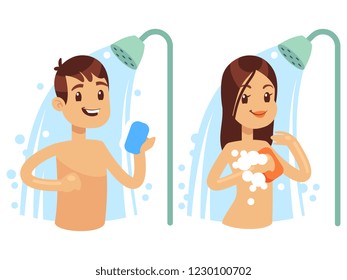 Cartoon character man and woman shower vector illustration