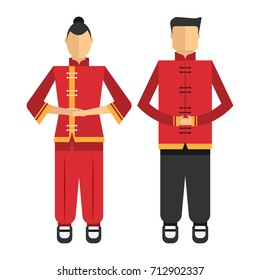 cartoon character man and woman in traditional folk Chinese costumes isolated on white background vector illustration flat

