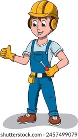 Cartoon character of a man working in housing and building construction with his work uniform and positive attitude.
