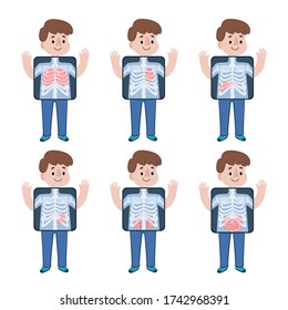 Cartoon character man with x-ray screen showing internal organs and skeleton set. Element of educational infographics for peoples. Isolated vector clip art illustration.