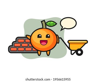 Caricatura de mandarina naranja como constructor, diseño de estilo lindo para camiseta, pegatina, elemento logo