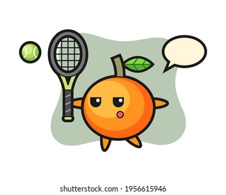 Cartoon character of mandarin orange as a tennis player, cute style design for t shirt, sticker, logo element