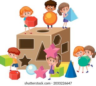 Cartoon Character Of Many Children Playing With Shapes Toy Illustration