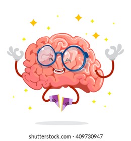 cartoon character mascot of the brain with glasses meditating in yoga pose