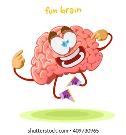 cartoon character mascot brain happily jumping on a green meadow