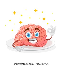 cartoon character mascot of the brain lies on a white plate and showing sign of okay